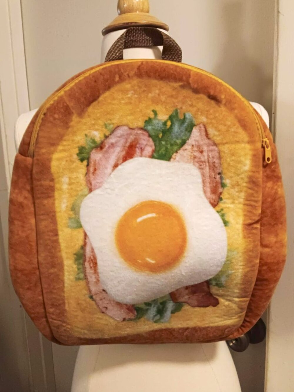 Backpack, plush, streetwear, sandwich egg and bacon fun novelty.